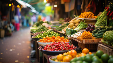 A lively street market in southeast asia with exotic fruits and spicesの素材