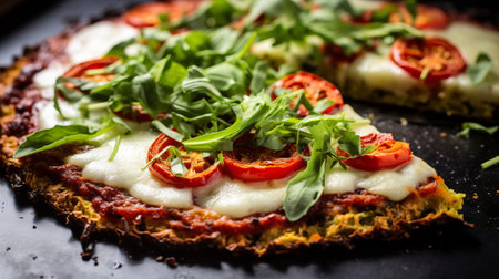 A closeup of a gluten free, cauliflower crust pizzaの素材