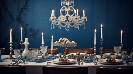 A hanukkah table setting with menorah and traditional dishesの素材