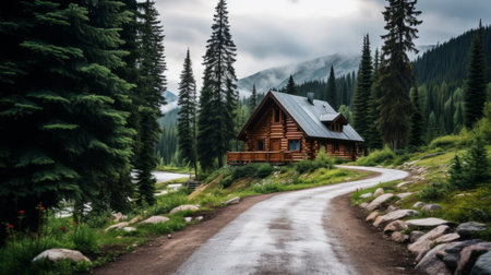 A road leading to a cozy cabin in the mountainsの素材