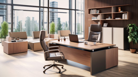 An executive office with a modern, ergonomic deskの素材