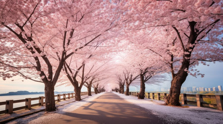 A road lined with blooming cherry blossomsの素材