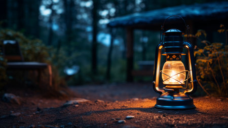 A campsite with a flickering lantern at nightの素材