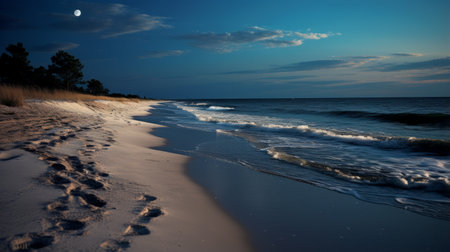 A serene beach with moonlight casting long shadowsの素材