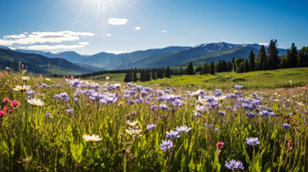 A tranquil mountain meadow with wildflowers and open skiesの素材