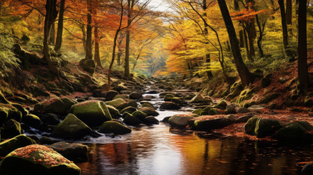 A tranquil forest glen with vibrant autumn leaves for a seasonal touchの素材