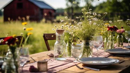 A rustic wedding table setting with wildflowersの素材