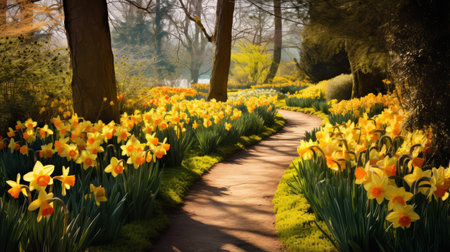 A garden path bordered by vibrant daffodilsの素材
