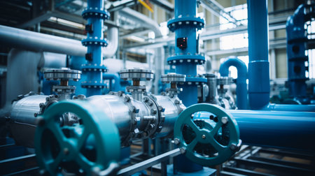 Industrial pipes and valves in a petrochemical plantの素材