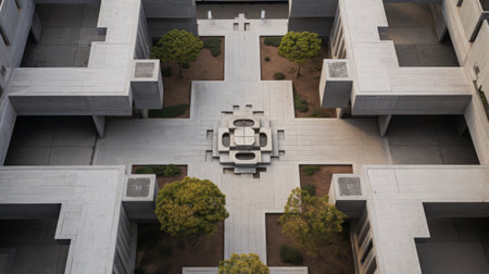 An overhead view of a symmetrical brutalist courtyardの素材