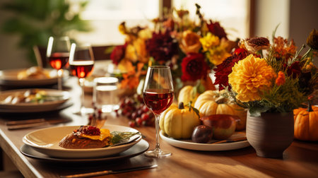 A thanksgiving table adorned with autumnal decorの素材