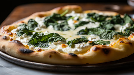 A closeup of a white pizza with ricotta and spinachの素材