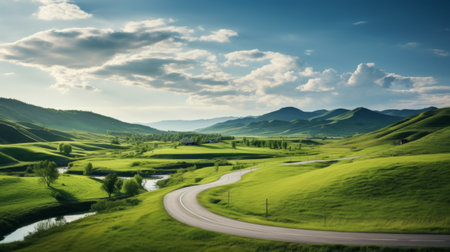 A picturesque countryside with a winding roadの素材