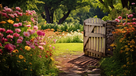 A secret garden gate surrounded by wildflowersの素材