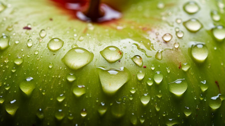 Fresh green apple with water droplets glistening on its surfaceの素材