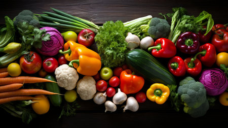 A colorful assortment of fresh vegetables neatly organizedの素材