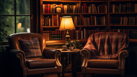 A library interior with cozy armchairs and reading lampsの素材