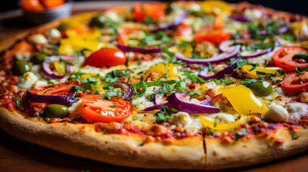 A closeup of a loaded veggie pizza with colorful toppingsの素材