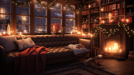 Cozy and inviting festive setting with warm lights and decorの素材