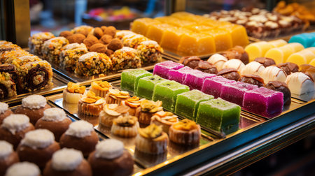 A colorful assortment of middle eastern sweets displayed in a dessert shopの素材