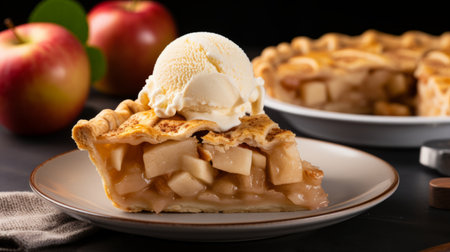 A slice of apple pie topped with a scoop of ice creamの素材