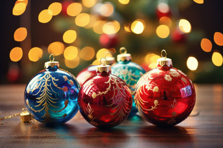 Joyful holiday scene with colorful christmas ornamentsの素材