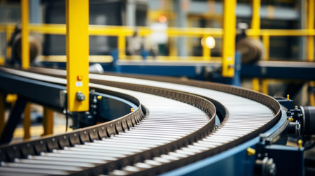 Industrial conveyor belt moving products in a factoryの素材