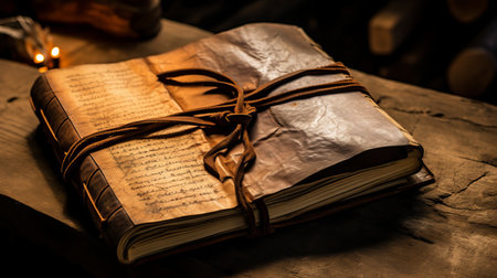An old, worn leather journal filled with handwritten memoriesの素材