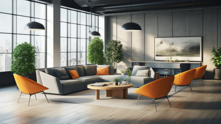 An office lounge with comfortable seating and a modern designの素材