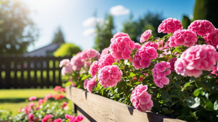 A tranquil garden with blooming flowers and a clear skyの素材