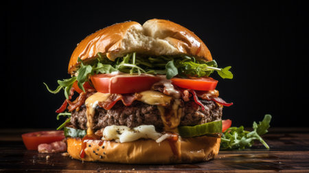 A gourmet burger with layers of ingredients and a gourmet bunの素材