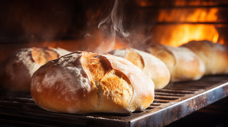 Freshly baked bread with a golden crust and steam risingの素材