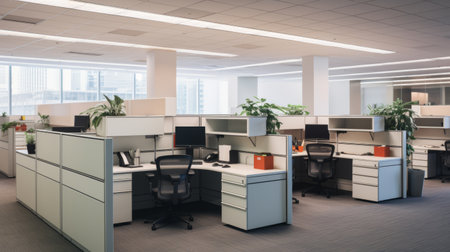 Office cubicles with organized workstationsの素材