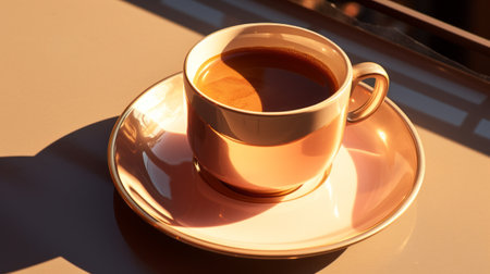 Morning sun illuminating a cup of coffee, a golden start to the dayの素材