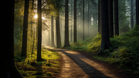 Moody and tranquil forest trail in the early morningの素材