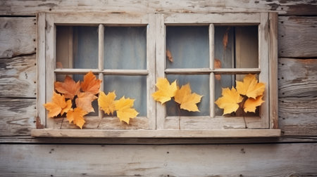 Leaves on a vintage wooden window frameの素材