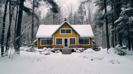 Cozy cabin style pension nestled in a picturesque forest, perfect for a winter getawayの素材