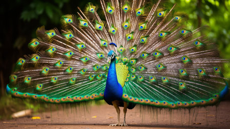 Exquisite peacock displaying its vibrant tail feathersの素材