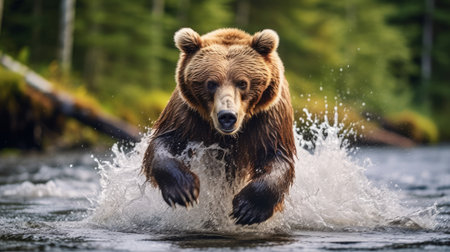 Ferocious grizzly bear emerging from a riverの素材