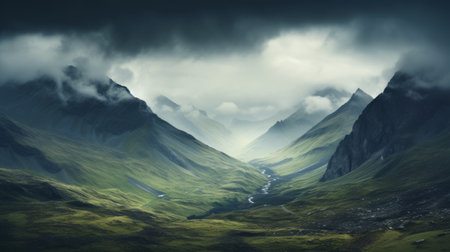 Moody mountain landscape with dramatic skyの素材