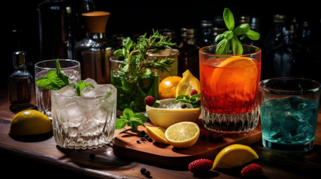Cocktail ingredients displayed in glasswareの素材