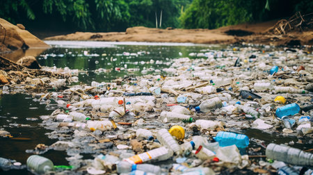 Plastic pollution in a river with polluted watersの素材