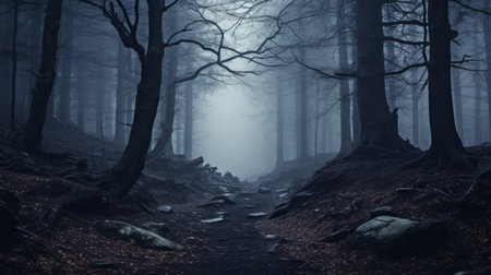 Moody forest with ethereal fogの素材