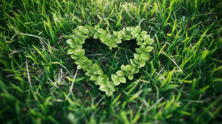 Leaves forming a heart shape on grassの素材