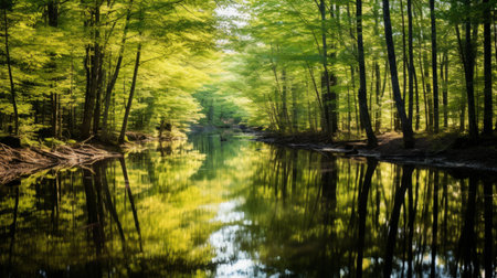 The reflection of a forest in a glassy pondの素材