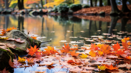 Fallen leaves beside a serene pondの素材