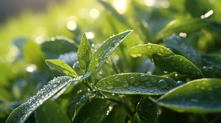Leaves with dewdrops in the morning lightの素材