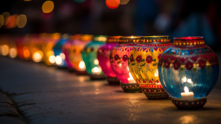 Colorful diwali lamps lit in a rowの素材
