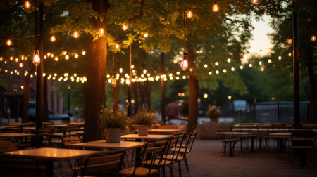 The warm glow of cafe lights at twilightの素材