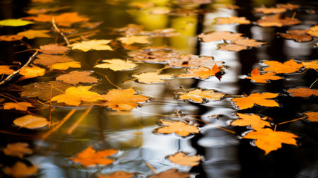 Leaves floating in a pond with reflectionsの素材